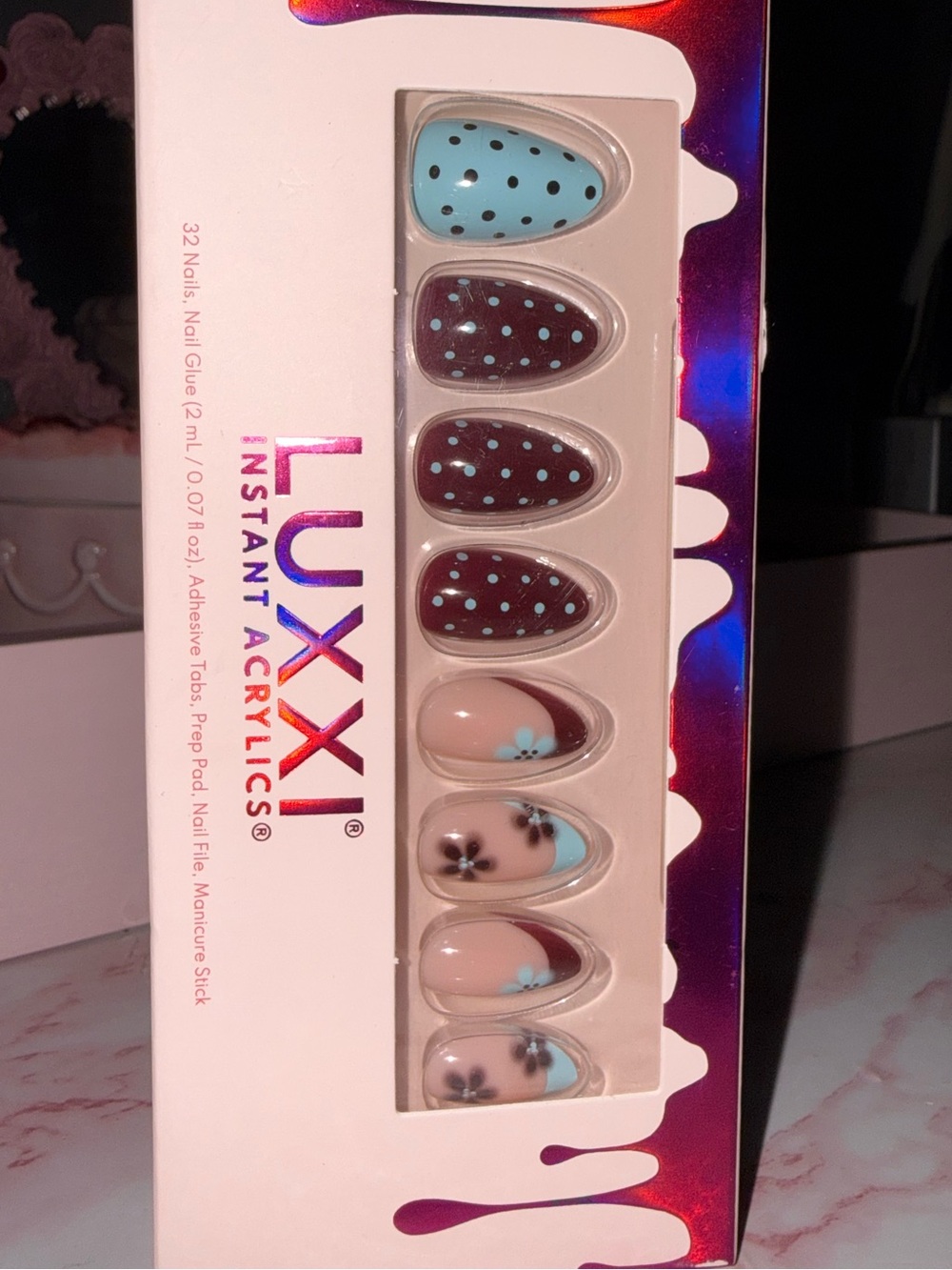LUXXI Instant Acrylics Nail Set - Blue & Pink Polka Dot Design